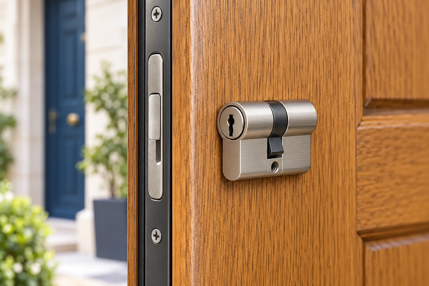 Cylindre de sûreté neuf posé sur la têtière d'une serrure multipoint, dans une porte en chêne