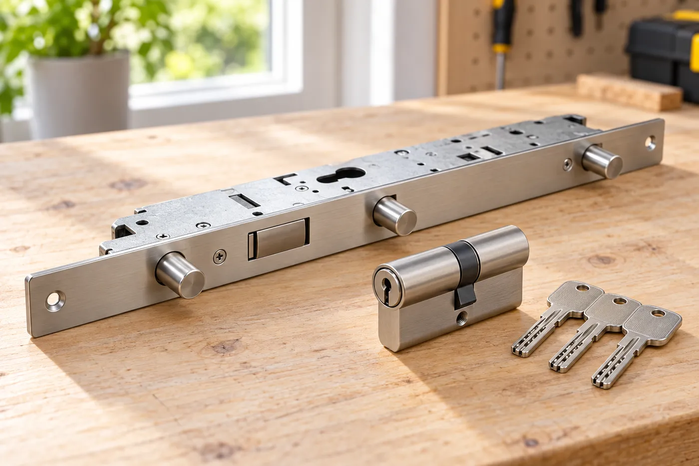 Serrure multipoint neuve et cylindre avec ses clés, préparés sur l'établi avant la pose