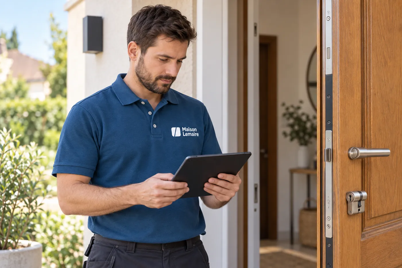 Serrurier de Maison Lemaire en polo bleu établissant un diagnostic sur tablette devant une porte d'entrée de pavillon